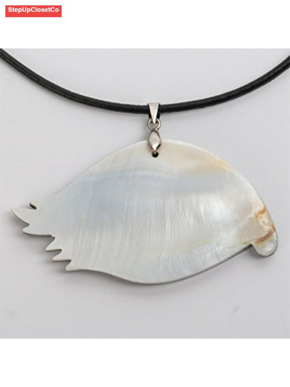 Abalone Shell Pendant Necklace 925 Sterling Silver White Gold Plated Leather - Picture 4 of 6